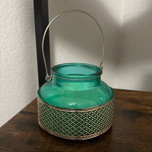 Teal Glass candle with gold accents